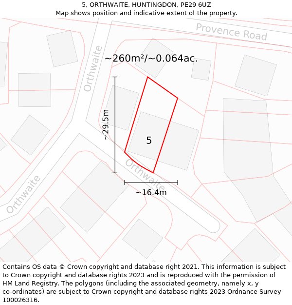 5, ORTHWAITE, HUNTINGDON, PE29 6UZ: Plot and title map