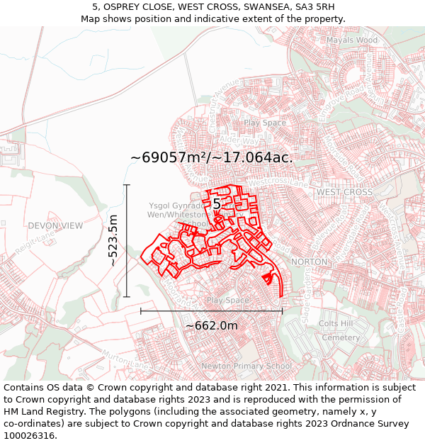 5, OSPREY CLOSE, WEST CROSS, SWANSEA, SA3 5RH: Plot and title map