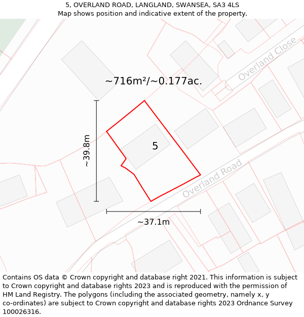 5, OVERLAND ROAD, LANGLAND, SWANSEA, SA3 4LS: Plot and title map