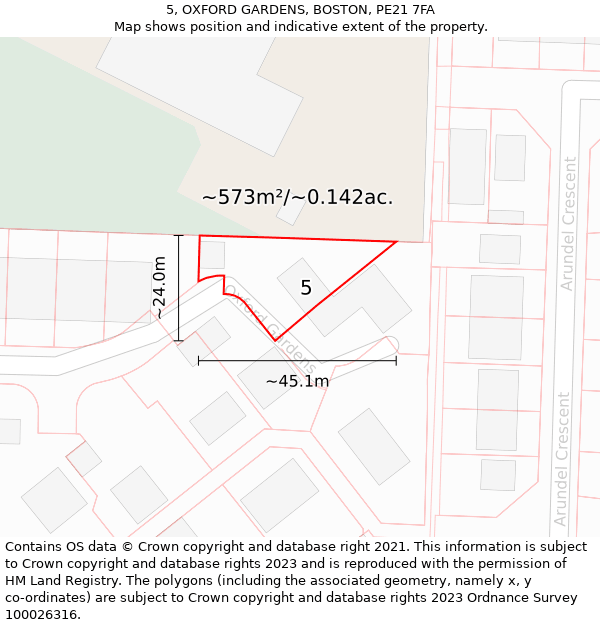 5, OXFORD GARDENS, BOSTON, PE21 7FA: Plot and title map