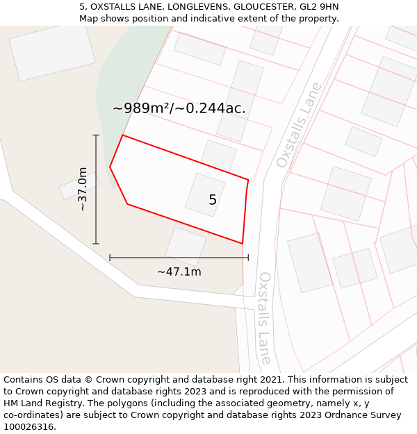 5, OXSTALLS LANE, LONGLEVENS, GLOUCESTER, GL2 9HN: Plot and title map