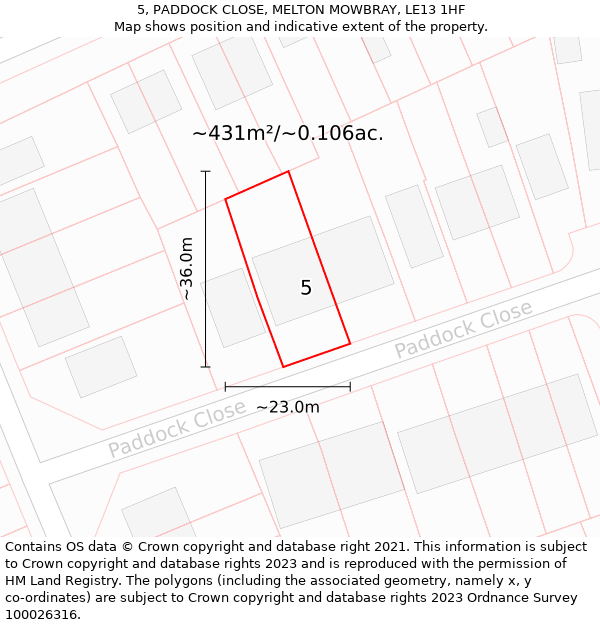 5, PADDOCK CLOSE, MELTON MOWBRAY, LE13 1HF: Plot and title map