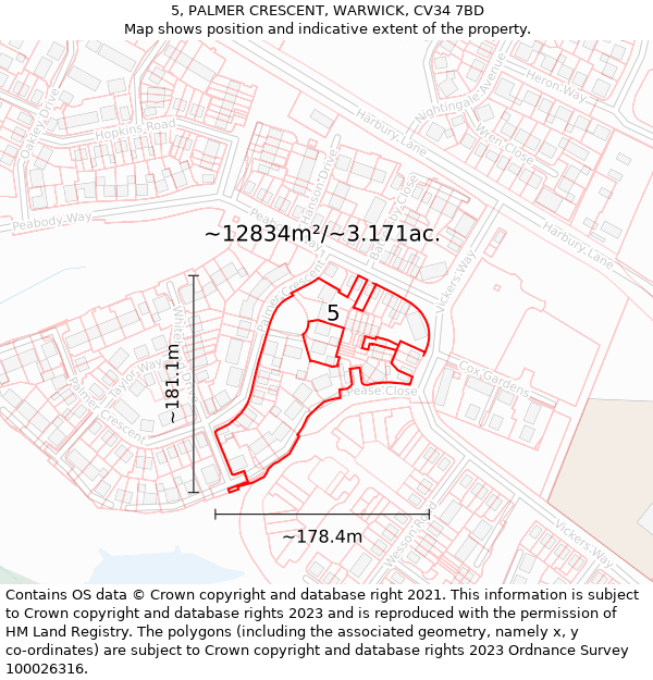 5, PALMER CRESCENT, WARWICK, CV34 7BD: Plot and title map