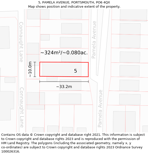 5, PAMELA AVENUE, PORTSMOUTH, PO6 4QX: Plot and title map