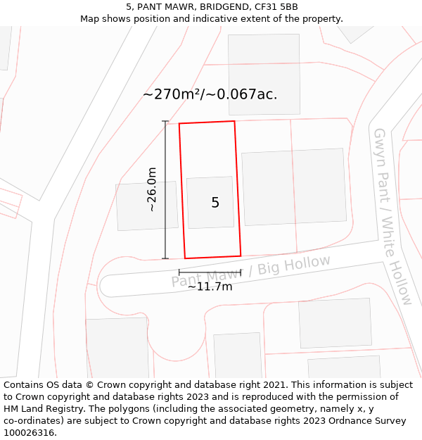 5, PANT MAWR, BRIDGEND, CF31 5BB: Plot and title map