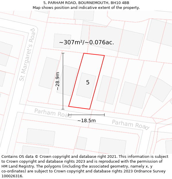 5, PARHAM ROAD, BOURNEMOUTH, BH10 4BB: Plot and title map