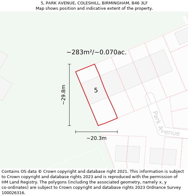 5, PARK AVENUE, COLESHILL, BIRMINGHAM, B46 3LF: Plot and title map