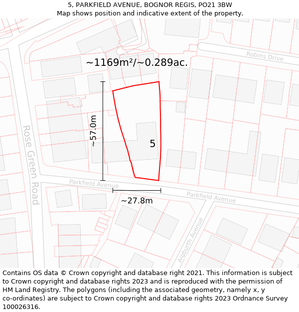 5, PARKFIELD AVENUE, BOGNOR REGIS, PO21 3BW: Plot and title map