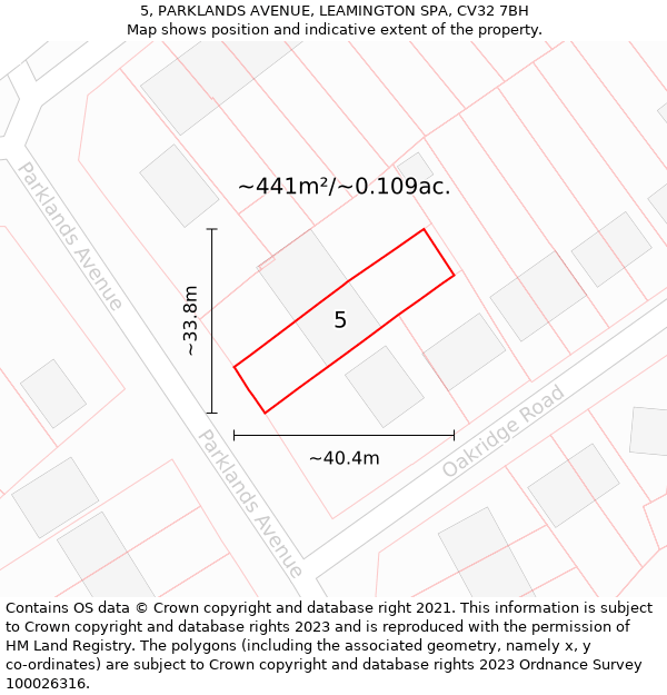 5, PARKLANDS AVENUE, LEAMINGTON SPA, CV32 7BH: Plot and title map