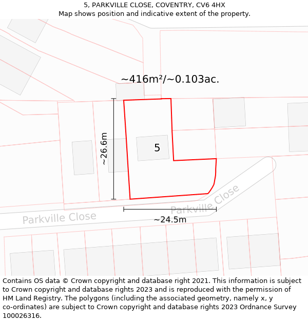 5, PARKVILLE CLOSE, COVENTRY, CV6 4HX: Plot and title map