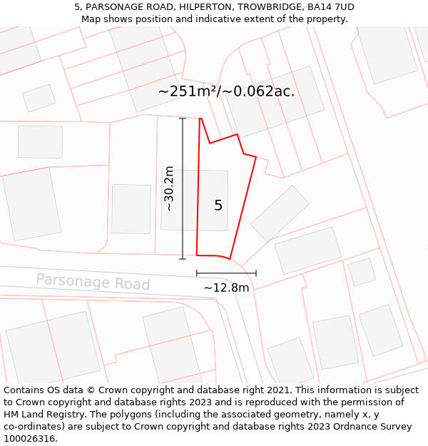 5, PARSONAGE ROAD, HILPERTON, TROWBRIDGE, BA14 7UD: Plot and title map