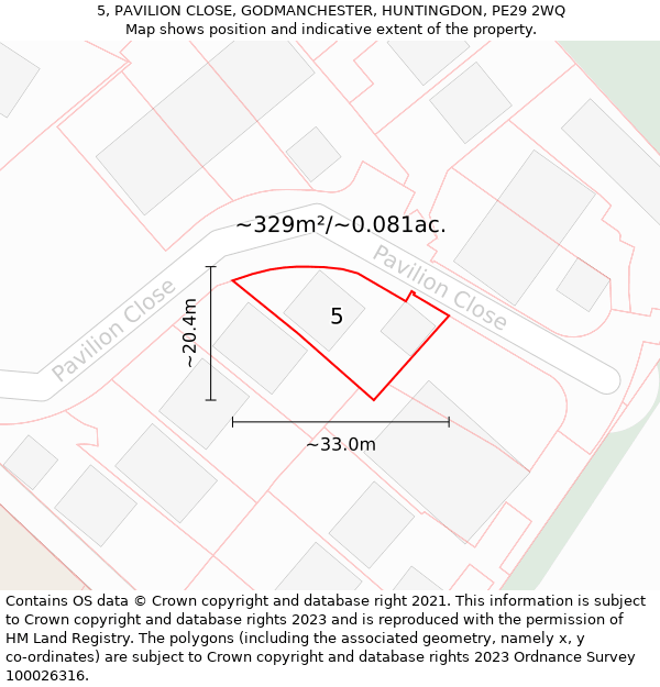 5, PAVILION CLOSE, GODMANCHESTER, HUNTINGDON, PE29 2WQ: Plot and title map