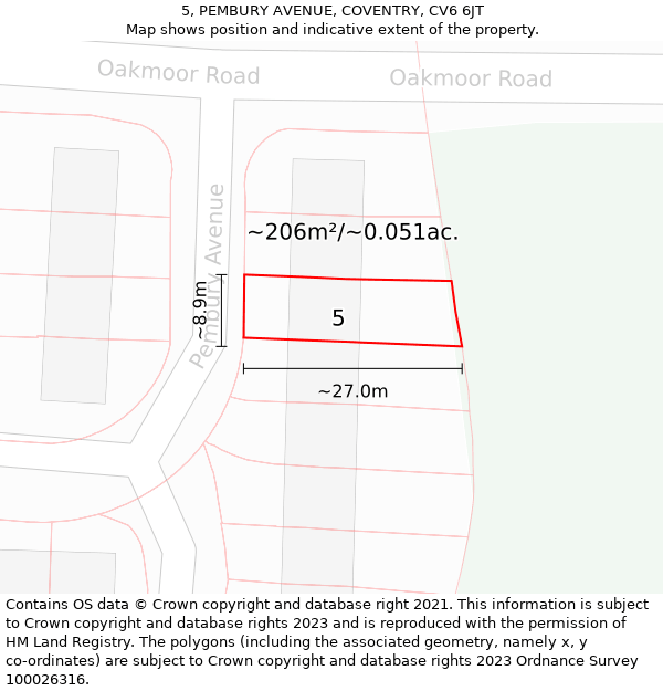 5, PEMBURY AVENUE, COVENTRY, CV6 6JT: Plot and title map