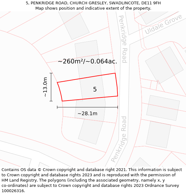 5, PENKRIDGE ROAD, CHURCH GRESLEY, SWADLINCOTE, DE11 9FH: Plot and title map