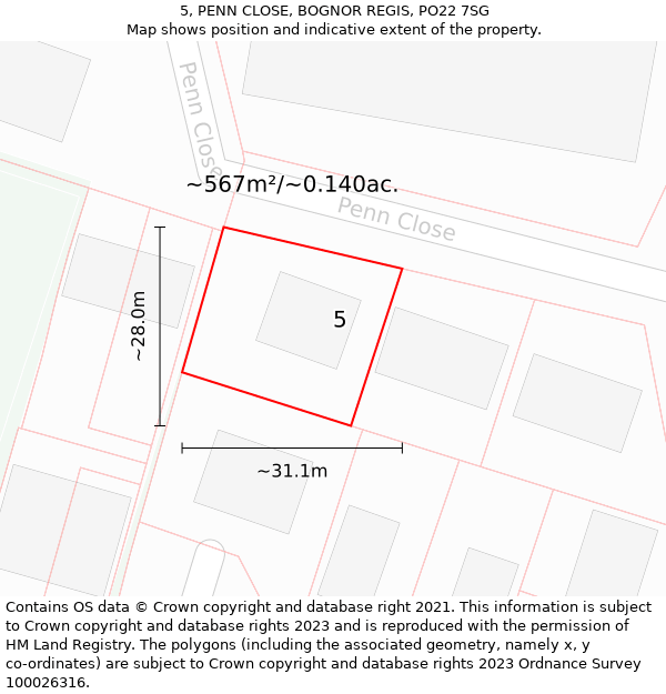 5, PENN CLOSE, BOGNOR REGIS, PO22 7SG: Plot and title map