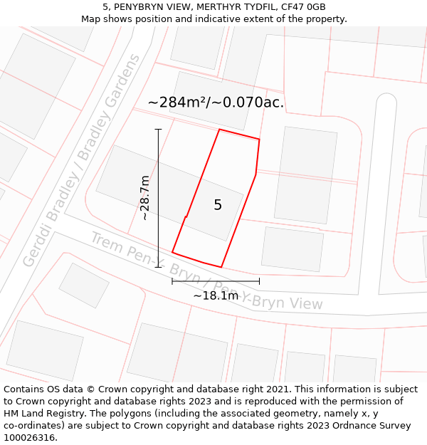 5, PENYBRYN VIEW, MERTHYR TYDFIL, CF47 0GB: Plot and title map