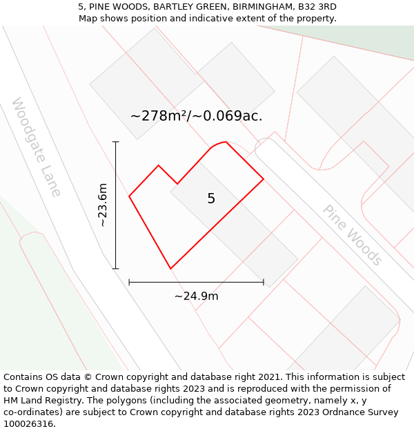 5, PINE WOODS, BARTLEY GREEN, BIRMINGHAM, B32 3RD: Plot and title map