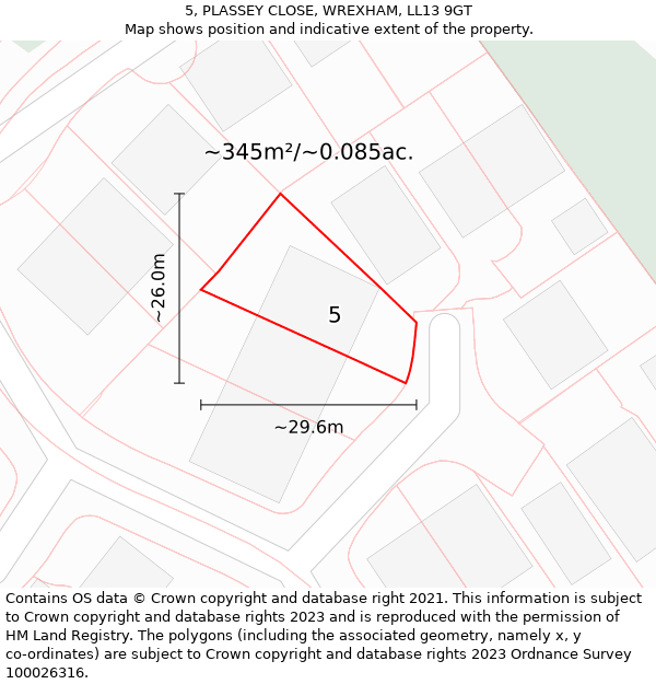 5, PLASSEY CLOSE, WREXHAM, LL13 9GT: Plot and title map