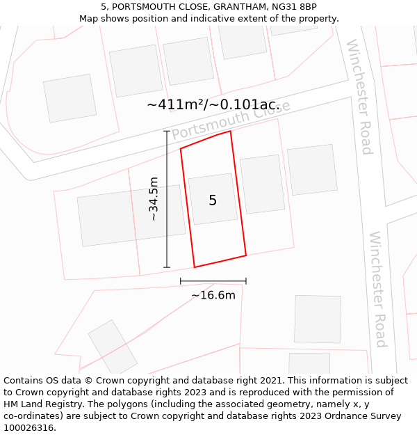 5, PORTSMOUTH CLOSE, GRANTHAM, NG31 8BP: Plot and title map