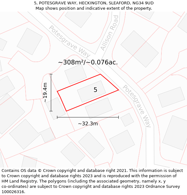 5, POTESGRAVE WAY, HECKINGTON, SLEAFORD, NG34 9UD: Plot and title map