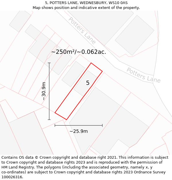 5, POTTERS LANE, WEDNESBURY, WS10 0AS: Plot and title map