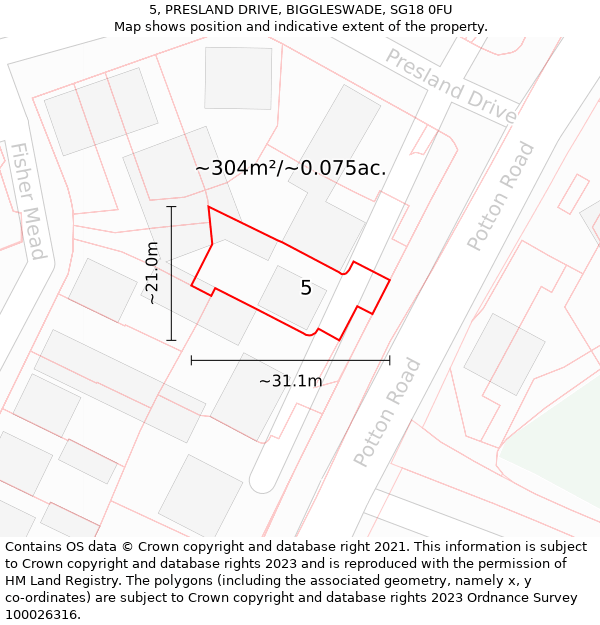 5, PRESLAND DRIVE, BIGGLESWADE, SG18 0FU: Plot and title map