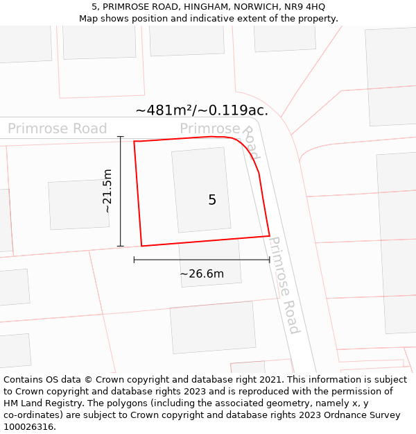 5, PRIMROSE ROAD, HINGHAM, NORWICH, NR9 4HQ: Plot and title map