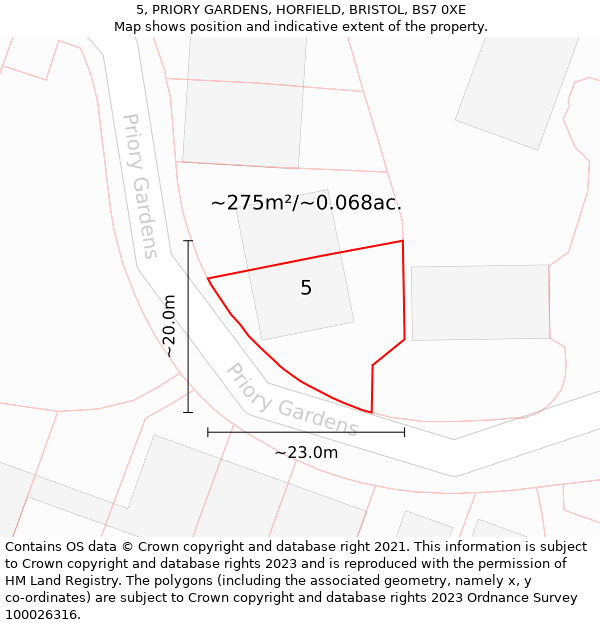 5, PRIORY GARDENS, HORFIELD, BRISTOL, BS7 0XE: Plot and title map