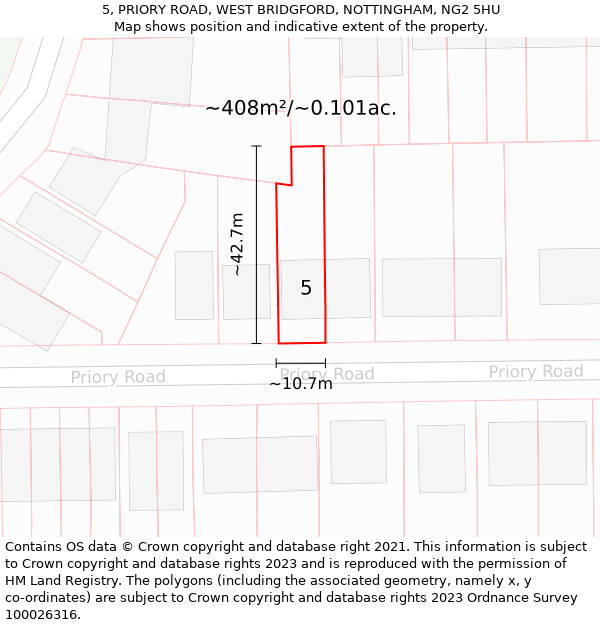 5, PRIORY ROAD, WEST BRIDGFORD, NOTTINGHAM, NG2 5HU: Plot and title map