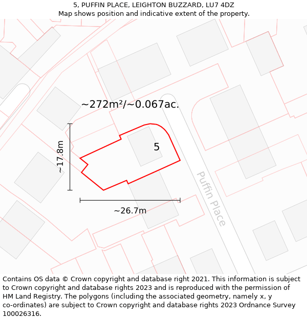 5, PUFFIN PLACE, LEIGHTON BUZZARD, LU7 4DZ: Plot and title map