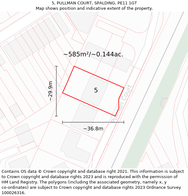 5, PULLMAN COURT, SPALDING, PE11 1GT: Plot and title map