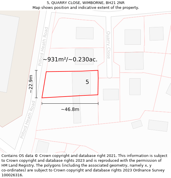 5, QUARRY CLOSE, WIMBORNE, BH21 2NR: Plot and title map