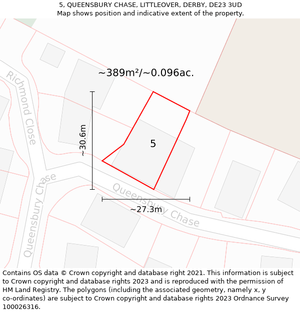 5, QUEENSBURY CHASE, LITTLEOVER, DERBY, DE23 3UD: Plot and title map