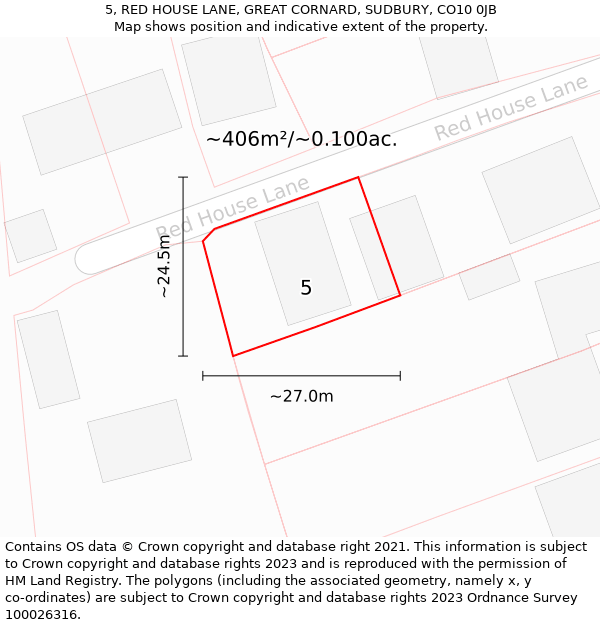 5, RED HOUSE LANE, GREAT CORNARD, SUDBURY, CO10 0JB: Plot and title map