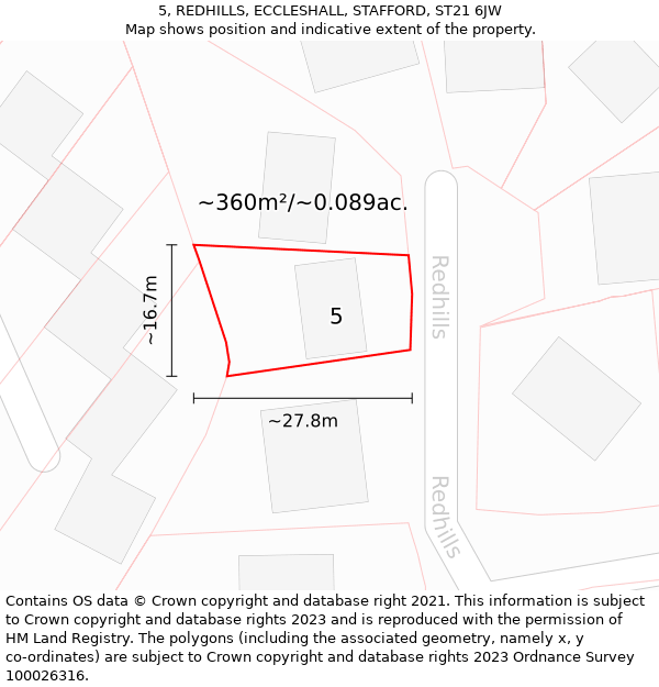 5, REDHILLS, ECCLESHALL, STAFFORD, ST21 6JW: Plot and title map