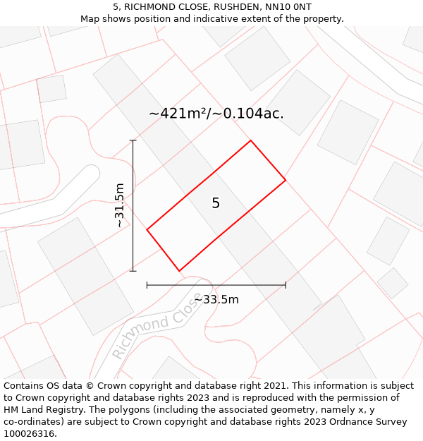 5, RICHMOND CLOSE, RUSHDEN, NN10 0NT: Plot and title map