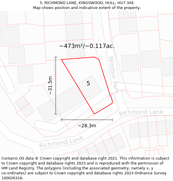 5, RICHMOND LANE, KINGSWOOD, HULL, HU7 3AE: Plot and title map