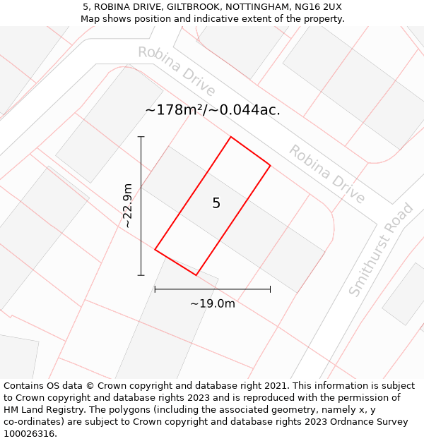 5, ROBINA DRIVE, GILTBROOK, NOTTINGHAM, NG16 2UX: Plot and title map