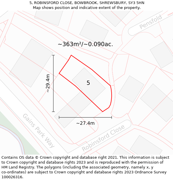 5, ROBINSFORD CLOSE, BOWBROOK, SHREWSBURY, SY3 5HN: Plot and title map