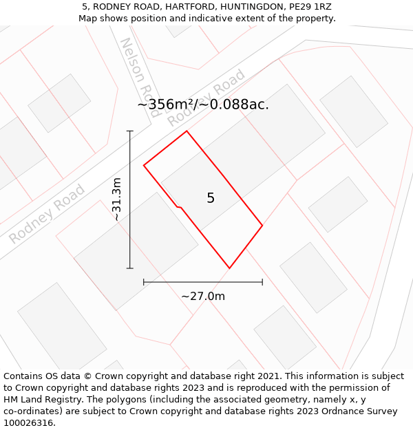 5, RODNEY ROAD, HARTFORD, HUNTINGDON, PE29 1RZ: Plot and title map