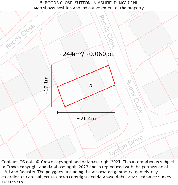 5, ROODS CLOSE, SUTTON-IN-ASHFIELD, NG17 1NL: Plot and title map