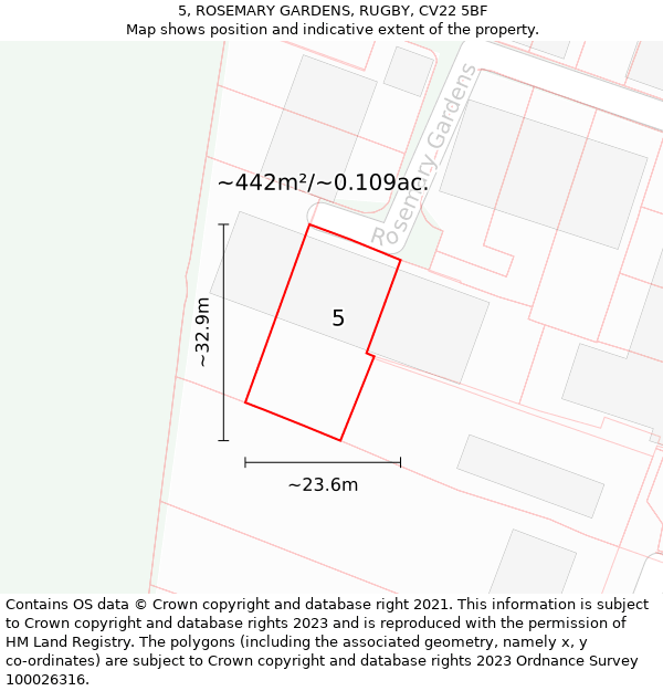 5, ROSEMARY GARDENS, RUGBY, CV22 5BF: Plot and title map