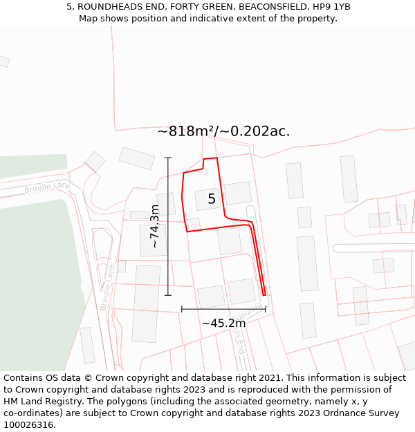 5, ROUNDHEADS END, FORTY GREEN, BEACONSFIELD, HP9 1YB: Plot and title map