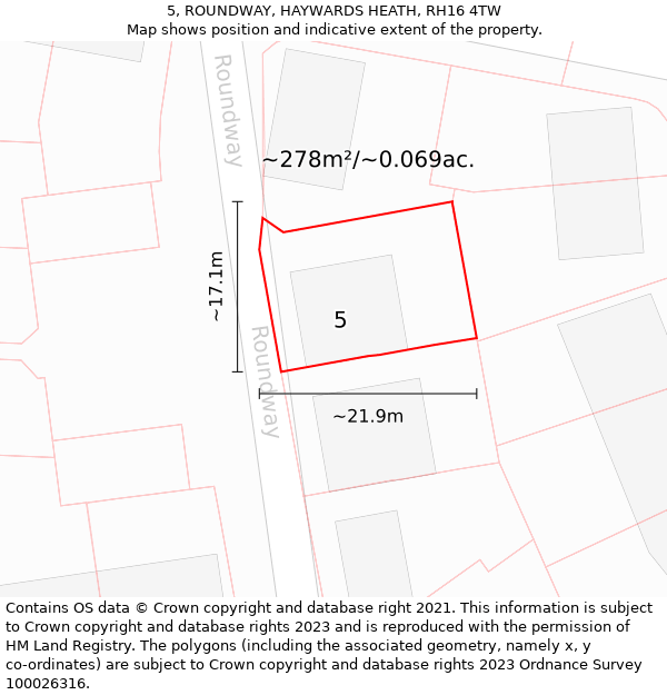 5, ROUNDWAY, HAYWARDS HEATH, RH16 4TW: Plot and title map