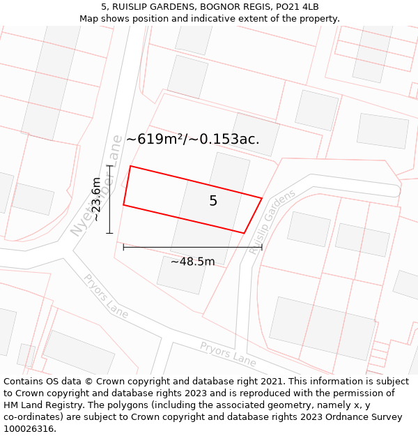 5, RUISLIP GARDENS, BOGNOR REGIS, PO21 4LB: Plot and title map