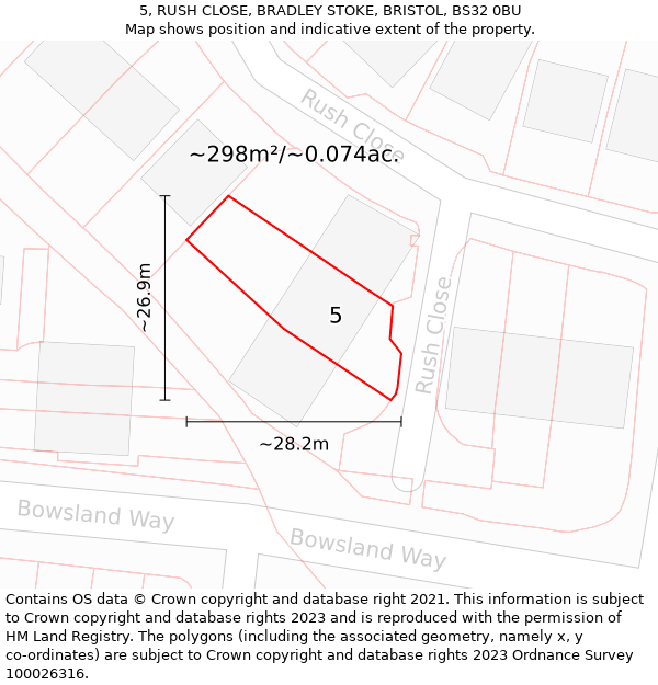 5, RUSH CLOSE, BRADLEY STOKE, BRISTOL, BS32 0BU: Plot and title map