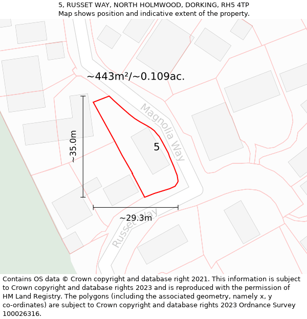 5, RUSSET WAY, NORTH HOLMWOOD, DORKING, RH5 4TP: Plot and title map