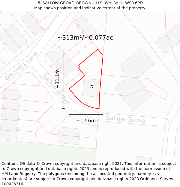 5, SALLOW GROVE, BROWNHILLS, WALSALL, WS8 6PD: Plot and title map