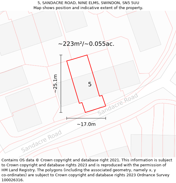 5, SANDACRE ROAD, NINE ELMS, SWINDON, SN5 5UU: Plot and title map