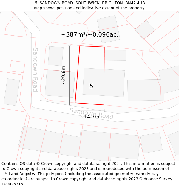 5, SANDOWN ROAD, SOUTHWICK, BRIGHTON, BN42 4HB: Plot and title map